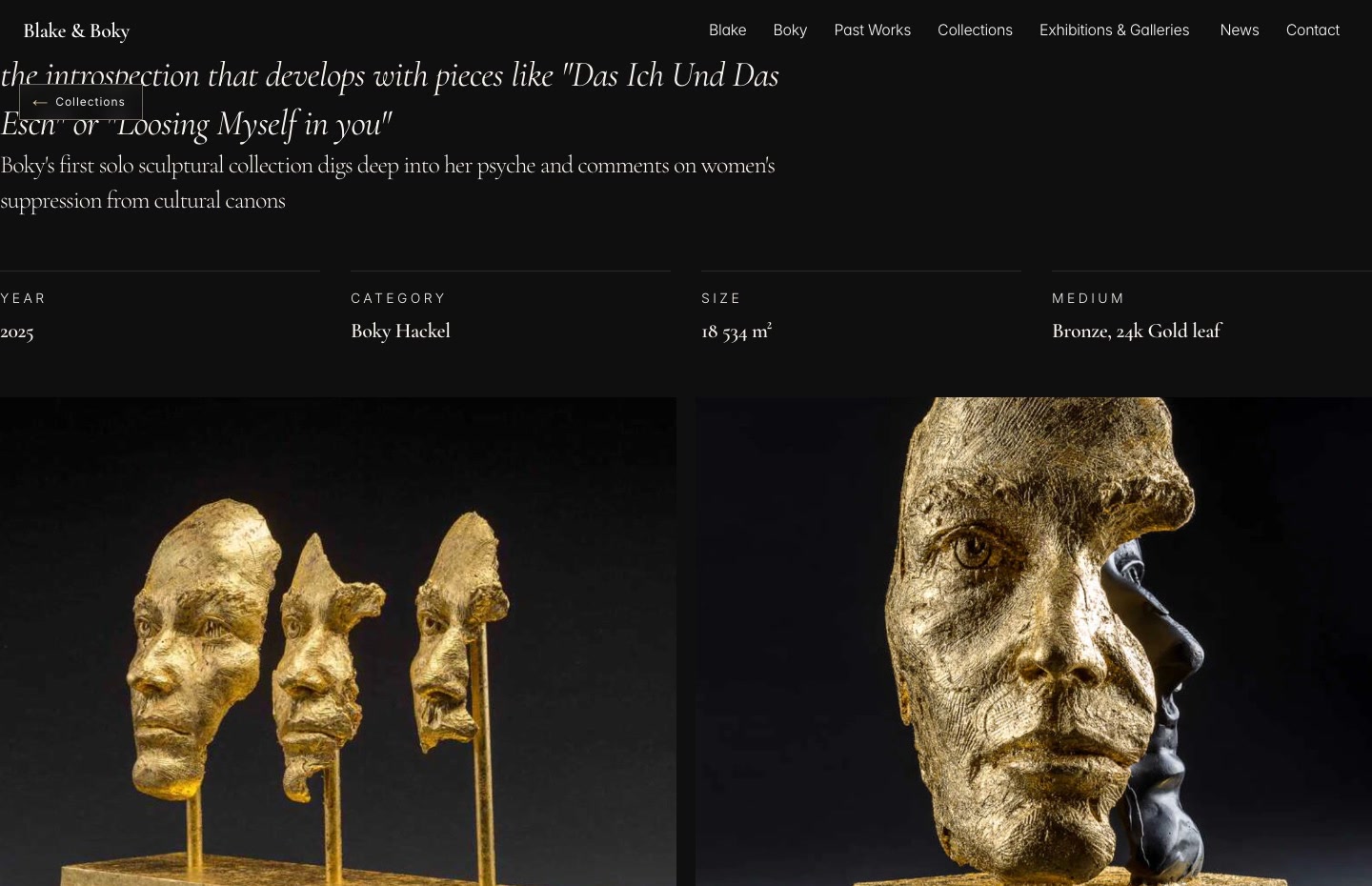 A collection page of the Blake & Boky website on a dark ground: a row of facts, Year, Category, Size and Medium, above two pictures of gilded sculpture, three masks on rods and a single face.