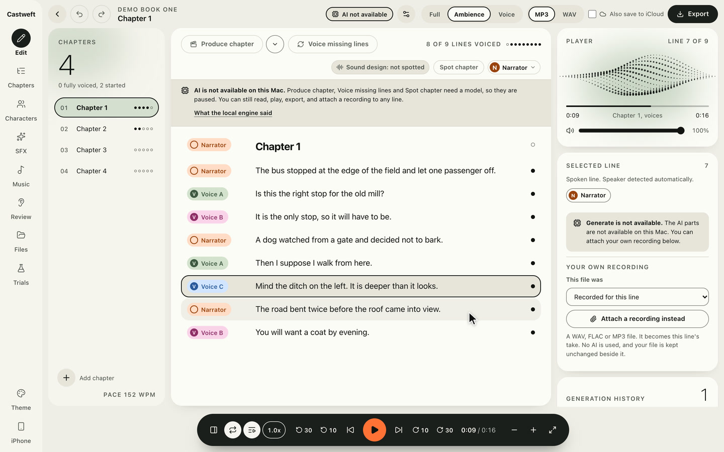 Still of the Castweft Mac app, Edit, Light theme: Chapter 1 of a placeholder book called Demo Book One as a list of lines with speaker marks, one line selected, a chapter list on the left, a player and the selected line on the right, a transport bar along the bottom.