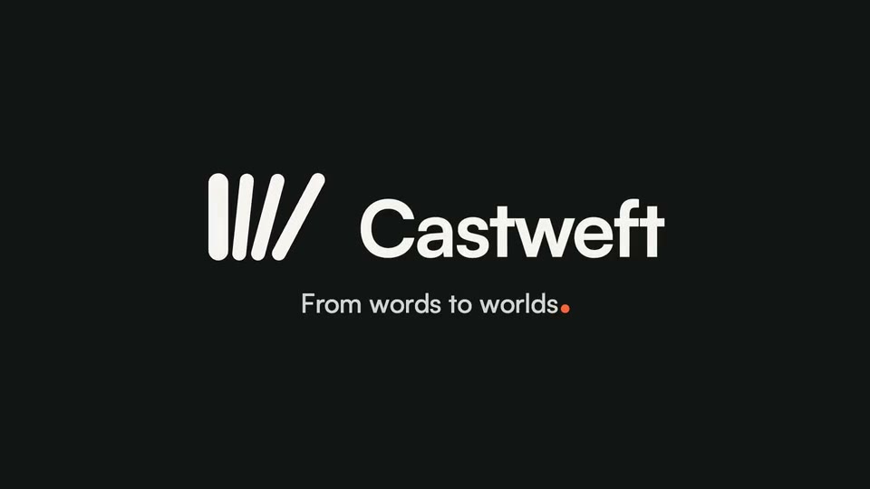 Logo sting, 6 seconds, no sound. On charcoal, the bars of the mark fan open, the word Castweft slides out beside them, and the line From words to worlds is typed underneath with an orange full stop.
