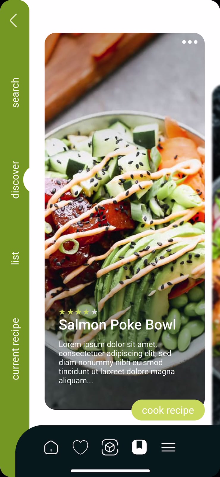 Still of the Cookify app on a phone: a recipe card with a photo of a salmon poke bowl, the name Salmon Poke Bowl and a cook recipe button, a green rail on the left with the words search, discover, list and current recipe, and a dark tab bar.