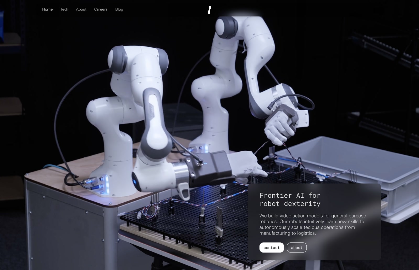 Still of the Mimic Robotics website: two white robot arms at a workbench with a perforated board, beside a dark panel with the line Frontier AI for robot dexterity and the buttons contact and about.