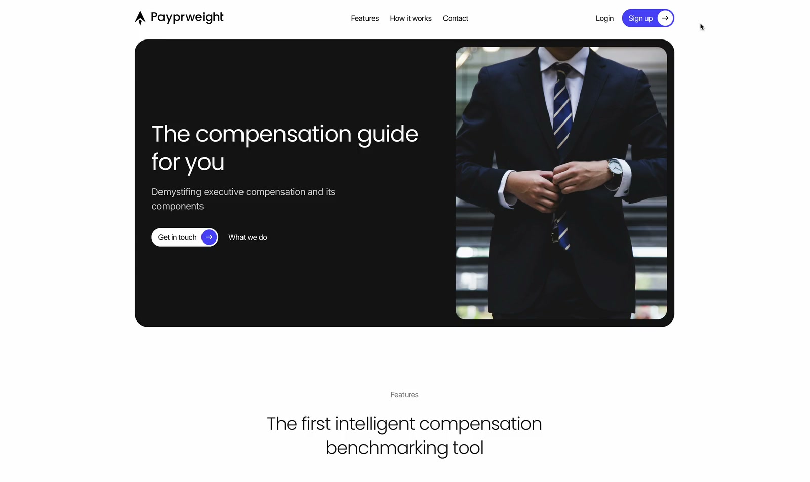 Still of the website payprweight.com: a navigation bar with the Payprweight wordmark above a dark panel with the line The compensation guide for you, beside a photo of a person in a suit closing a jacket button.