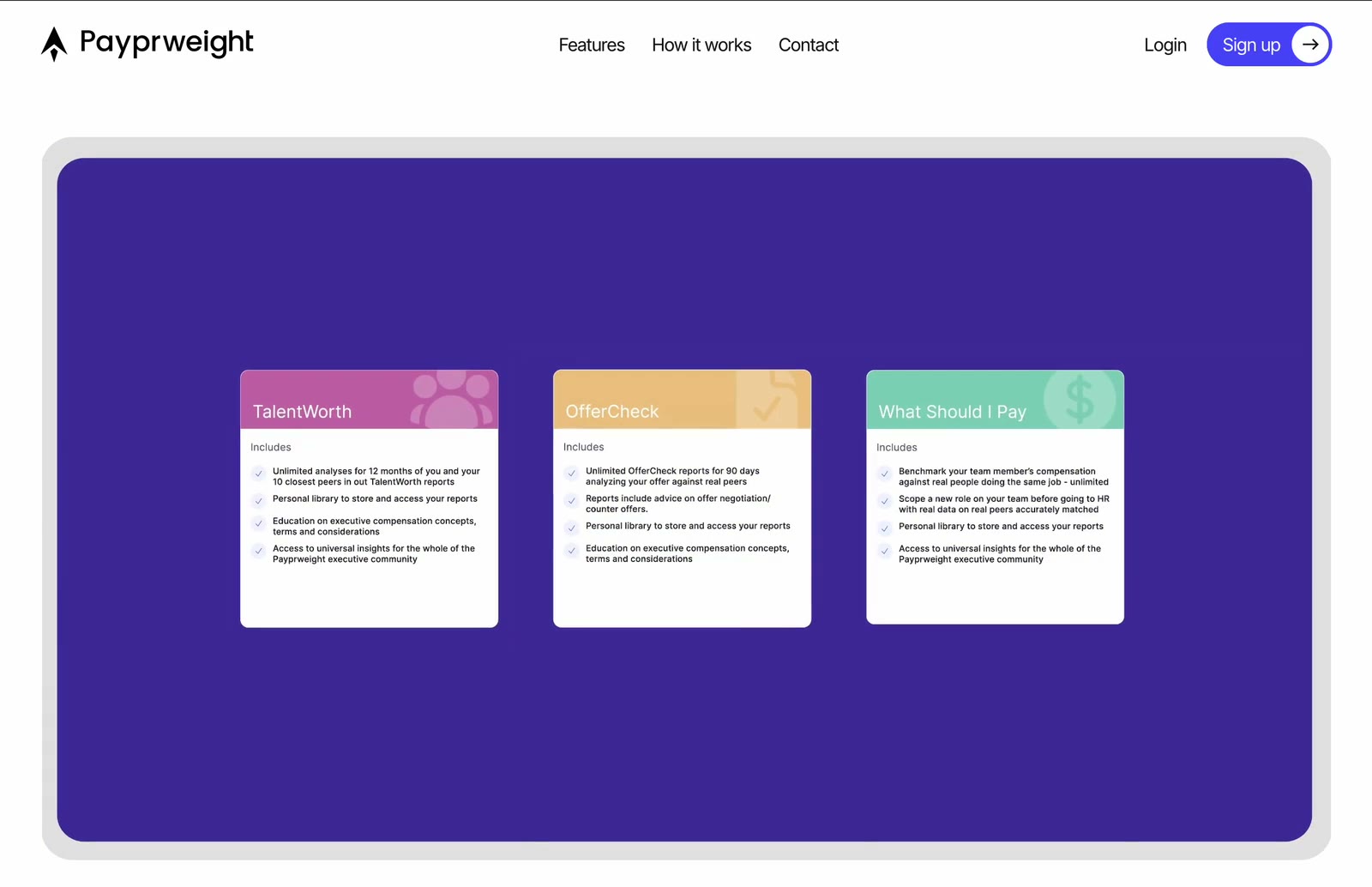 Still of the home page of payprweight.com: under the navigation a violet card with three product cards named TalentWorth, OfferCheck and What Should I Pay.