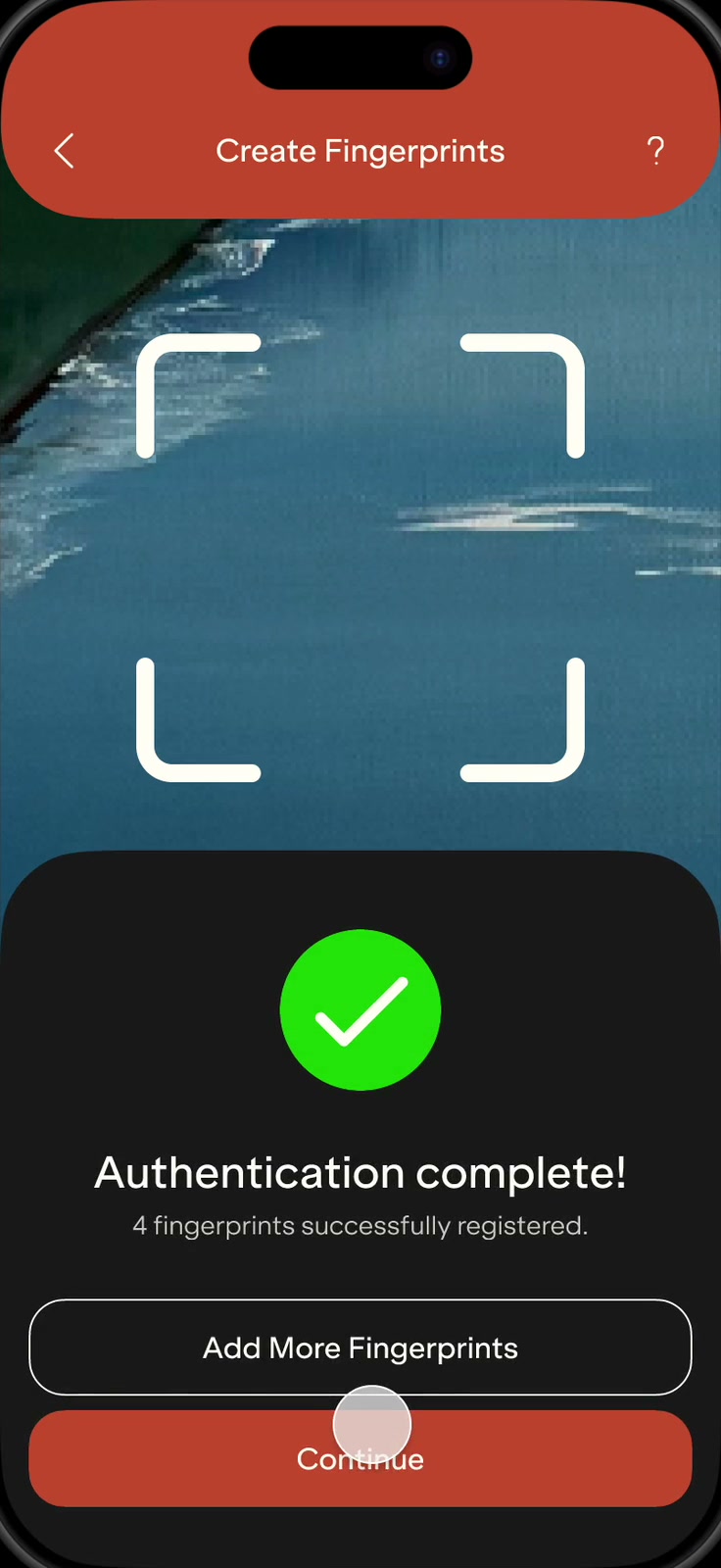 The SmartStamp app on a phone, on the screen Create Fingerprints.