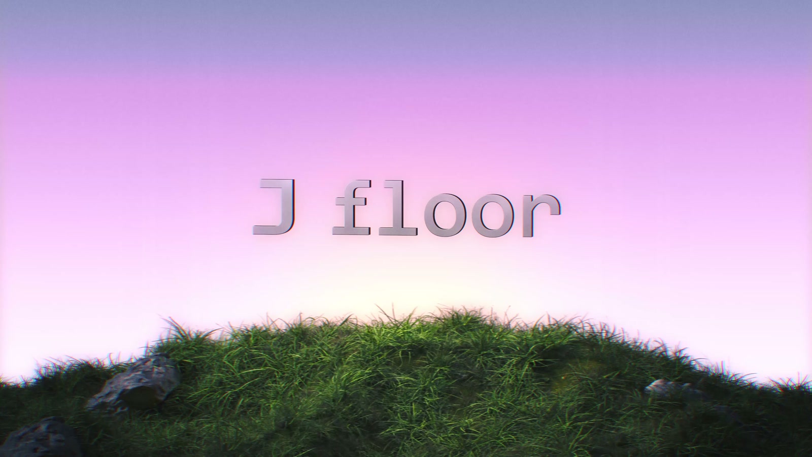 Logo animation, 10 seconds, no sound: the words J floor as raised letters turn slowly in the air above a grassy hill with a few rocks, under a sky that runs from violet to pink.
