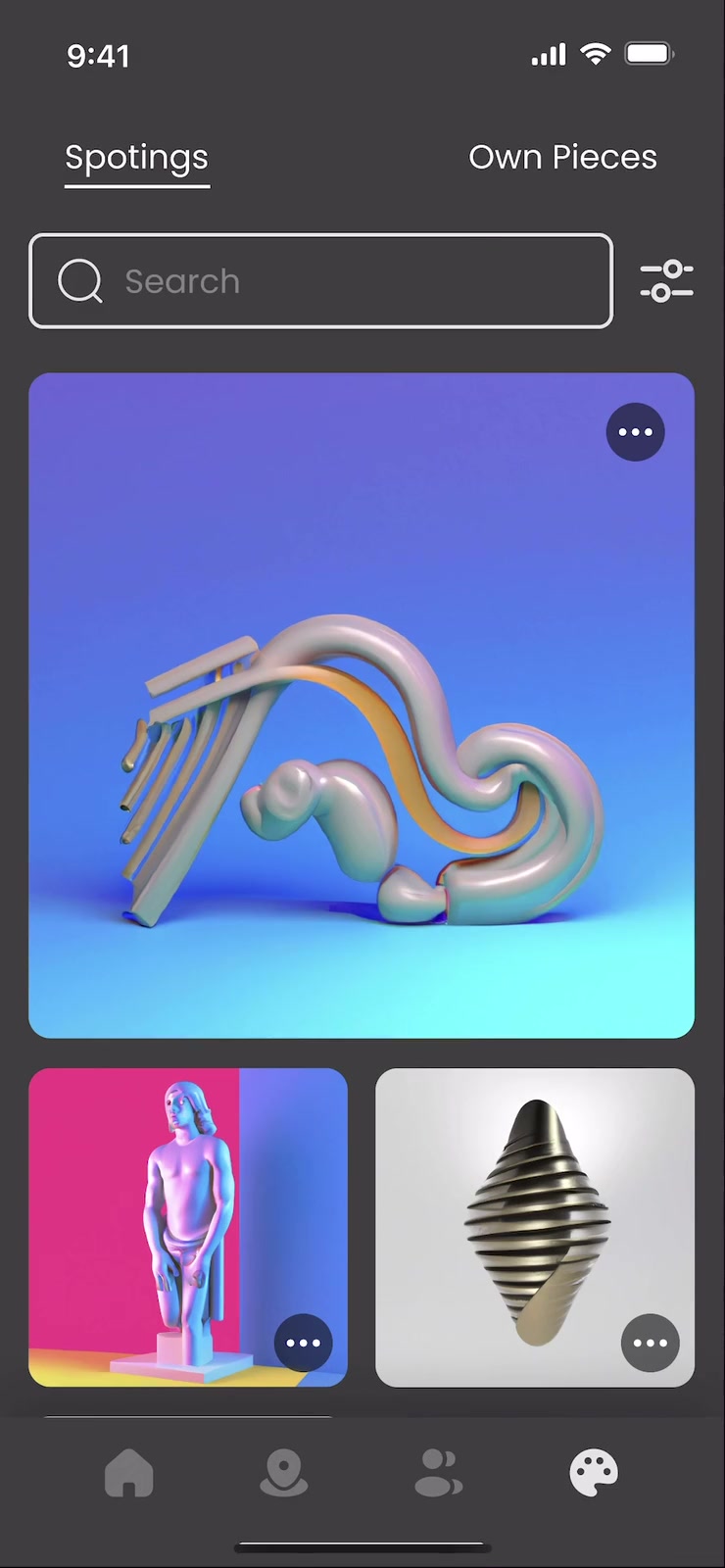 Still of the Visible app on a phone: the gallery with the tabs Spotings and Own Pieces and a Search field, a grey curved sculpture on a blue ground, a pink figure and a ribbed metal shape below it, and a tab bar with four icons.