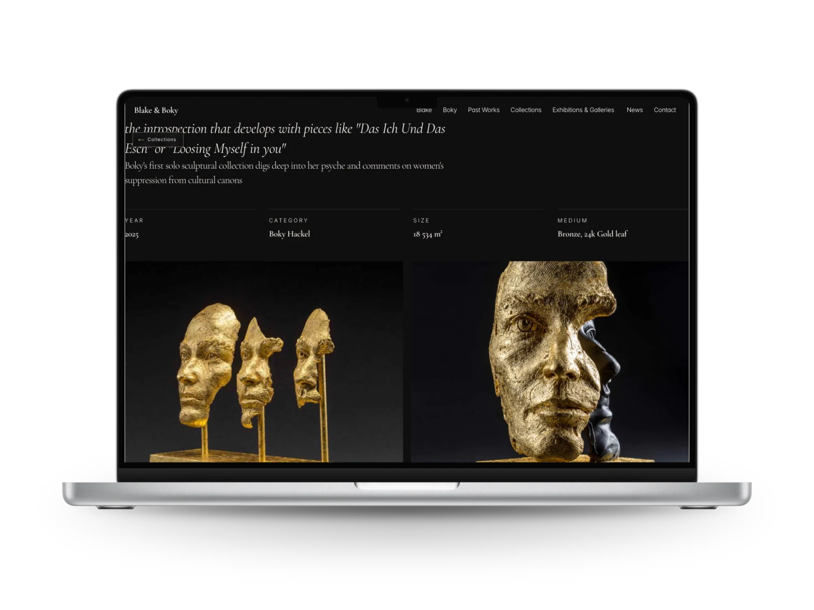 Blake & Boky: a collection page of the website on a laptop, a row of facts above two pictures of gilded sculpture on black.