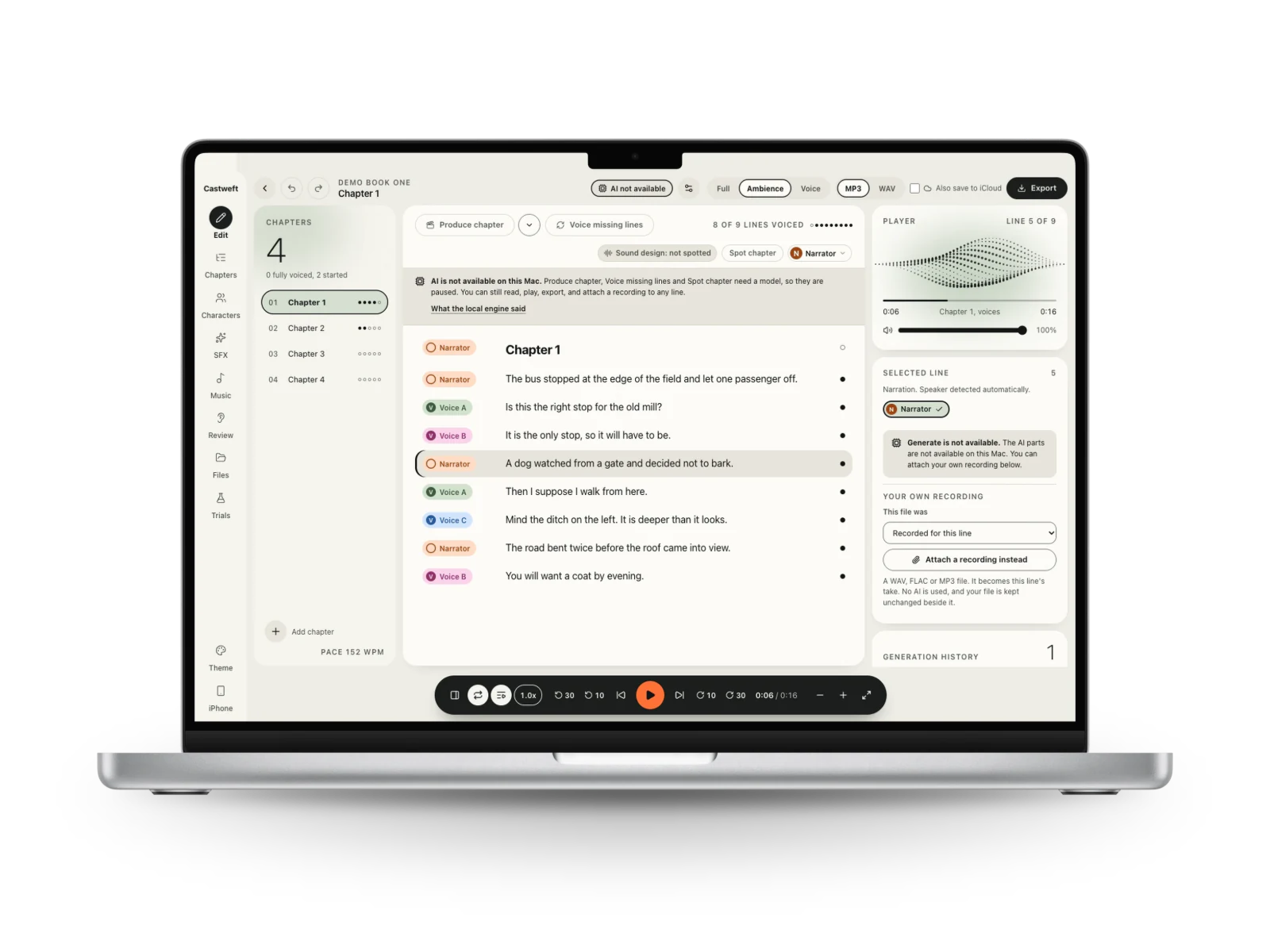 Castweft: the Edit screen of the Mac app on a laptop, a chapter of a placeholder book as a list of lines with speaker marks.