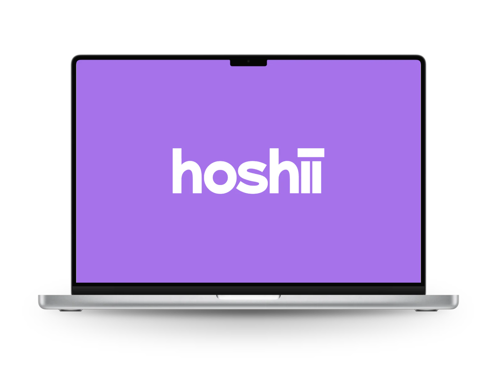 Hoshii: the wordmark in white on a violet laptop screen. The two letters i share one bar as their dot.