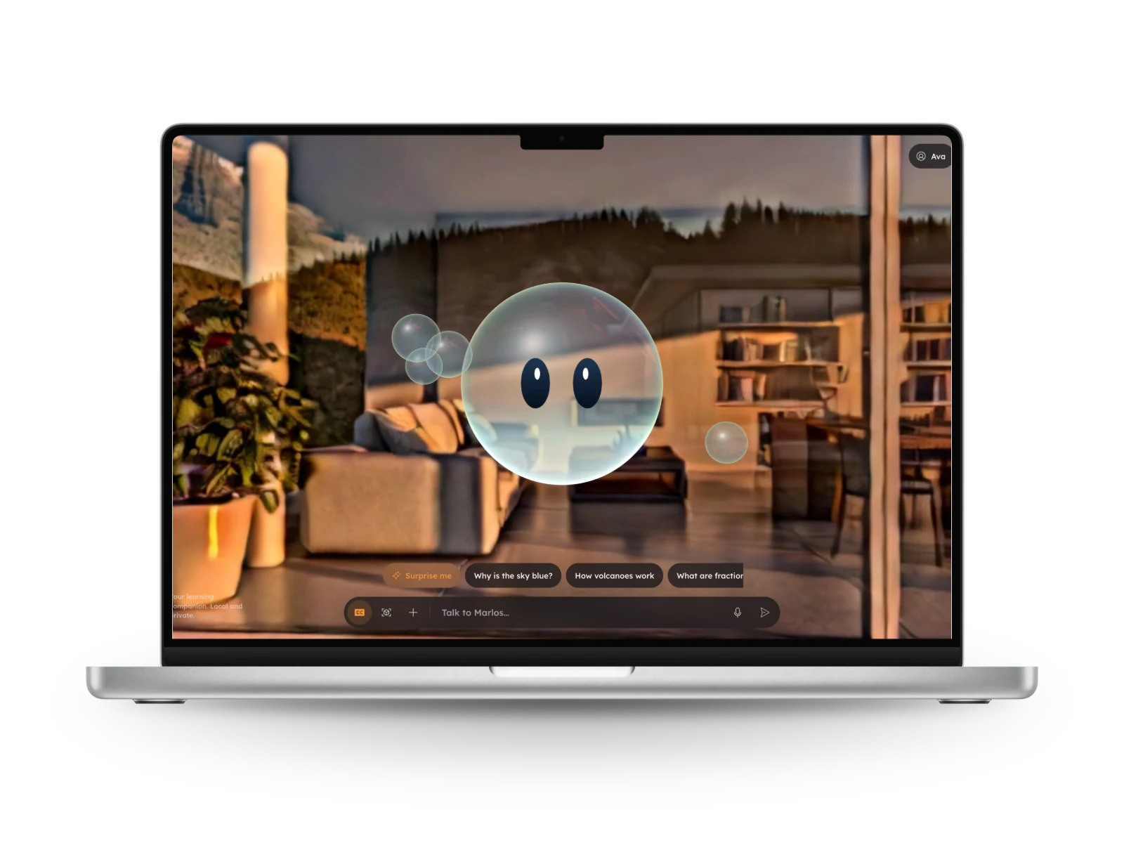 Marlos: the learning companion on a laptop, a glass bubble with two dark eyes floating in a warm living room.