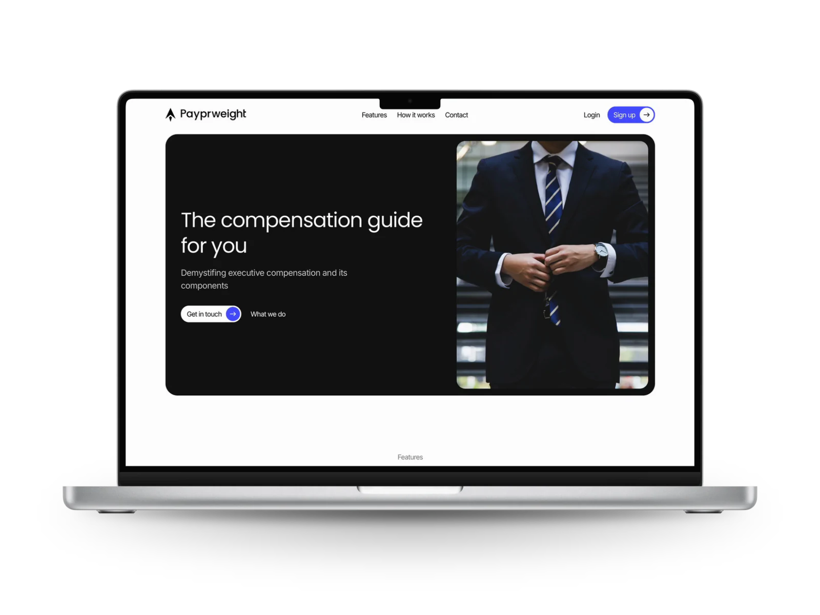 Payprweight: the home page of the public website on a laptop, the line The compensation guide for you beside a picture of a dark suit.