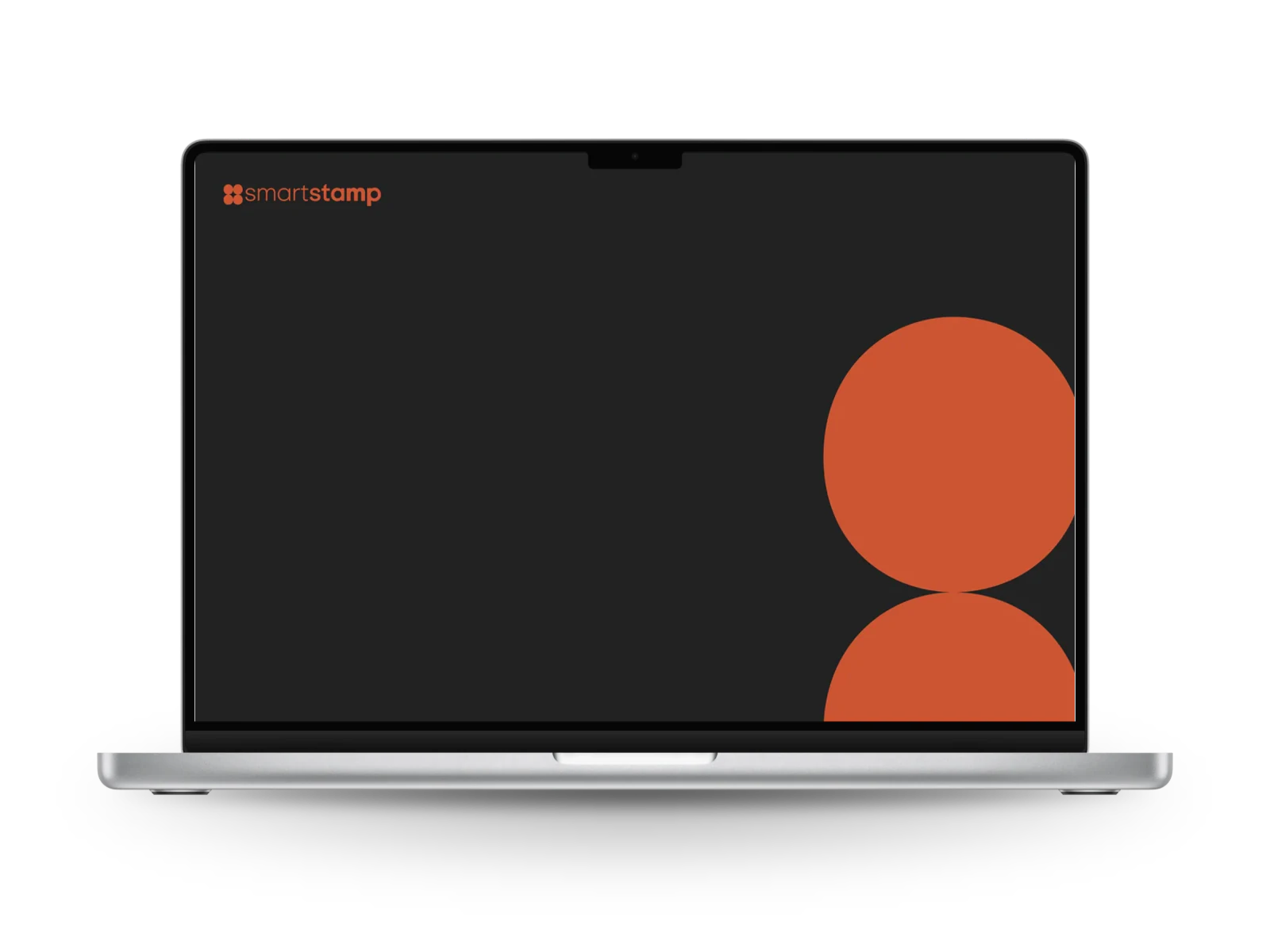 SmartStamp: the brand on a laptop, the logo in copper at the top left of a dark screen and two copper circles at the right.
