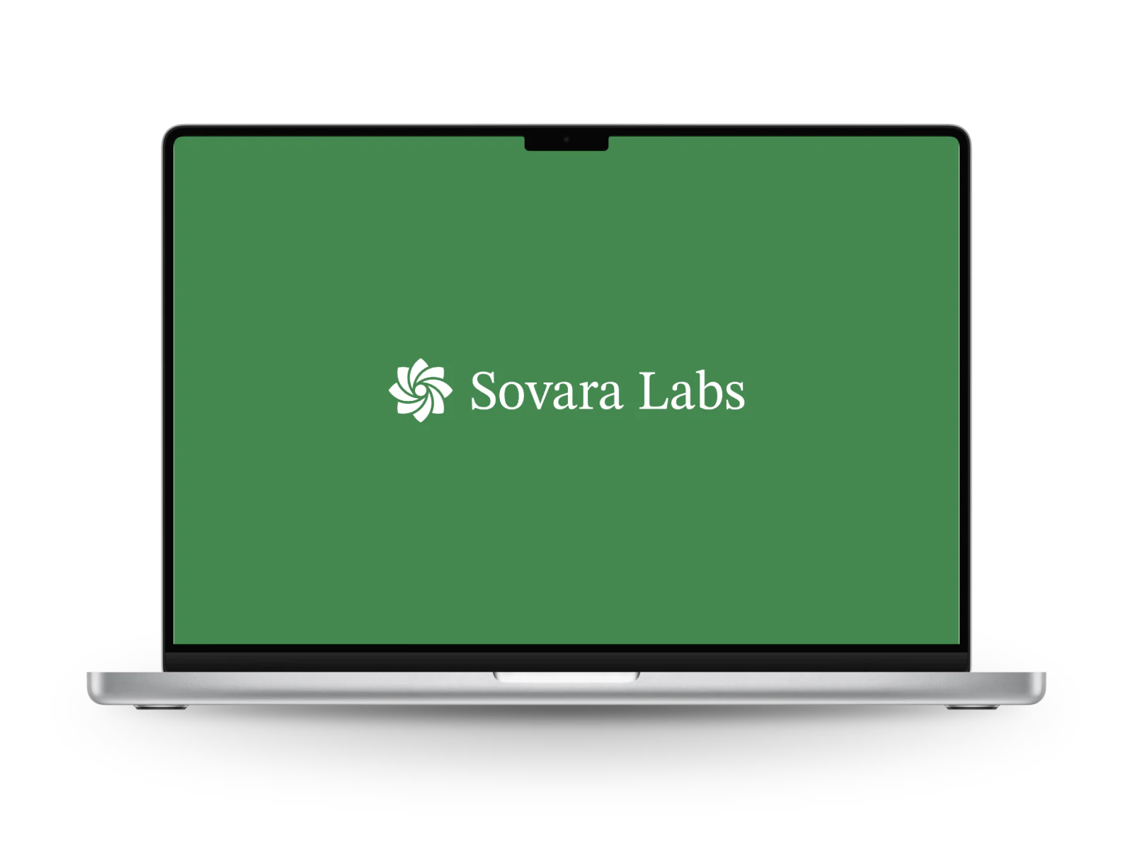 Sovara Labs: the logo in white on a green laptop screen, a flower shaped icon beside the name in a serif face.