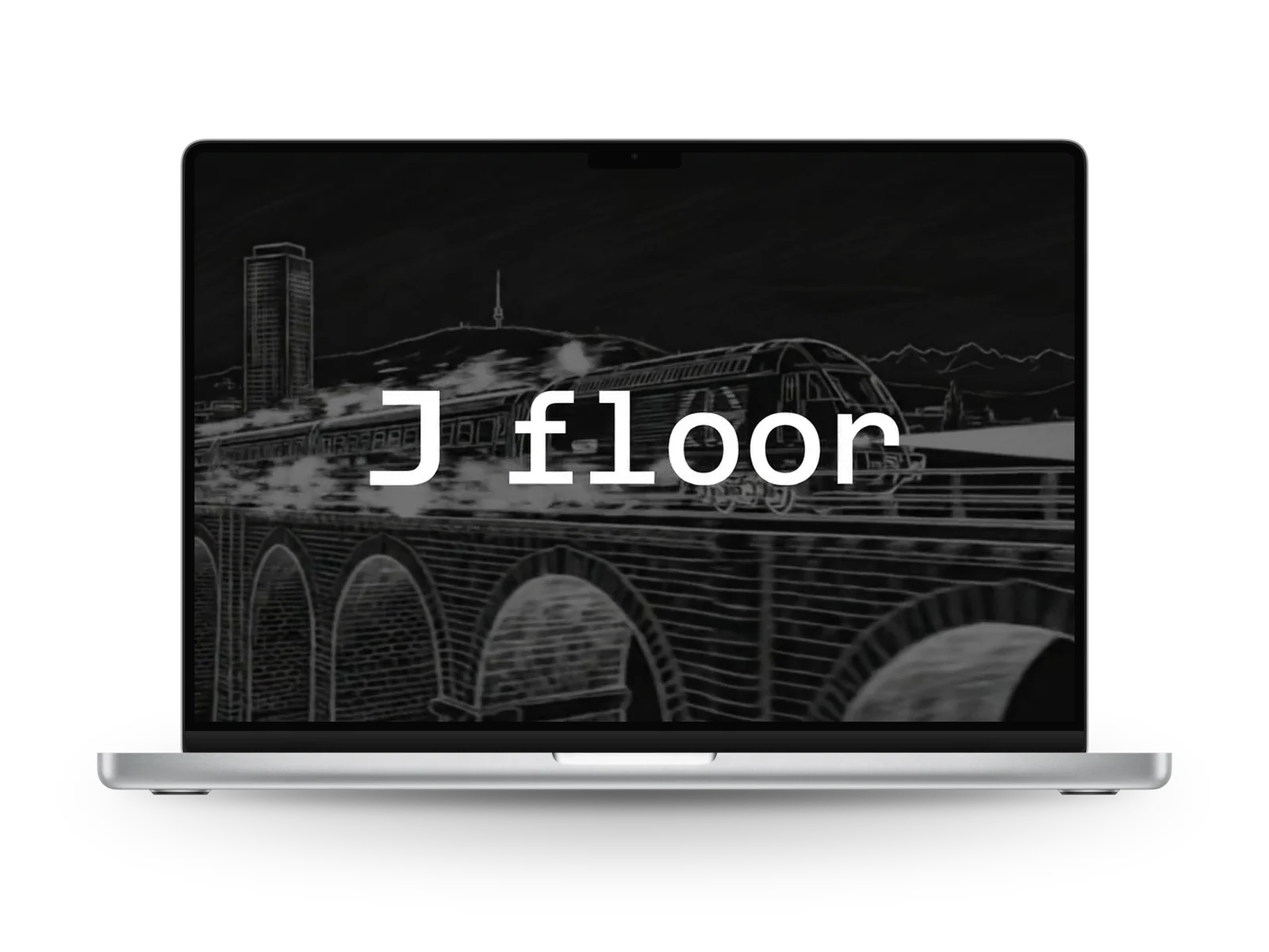 The J Floor: the logo animation on a laptop, the J floor wordmark in white over a line drawing of a train on a viaduct, on black.